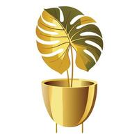 Elegant Gold-Plated Planter With Monstera Leaf Inside vector
