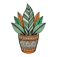 Charming Hand-Drawn Boho Pot Featuring Leaf Patterns vector