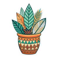 Hand-Drawn Boho Pot With Patterned Leaves vector