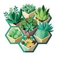 Creative Hexagonal Wall Planter With Beautiful Succulent Display vector