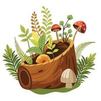 Charming Log Planter Featuring Mushrooms And Ferns vector