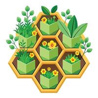 Unique Honeycomb Planter Showcasing Bees And Flowers vector