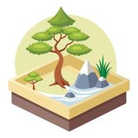 Creative Japanese Zen Planter Featuring A Tiny Bonsai Tree vector