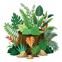 Creative Hollow Tree Stump Planter With Jungle Plants vector