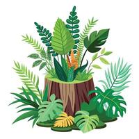 Charming Jungle Plant Display In A Hollow Tree Stump vector