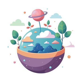 Charming Mini Planet Planter Featuring Trees And Clouds vector