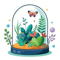 Mini Terrarium With An Ecosystem Of Small Plants vector