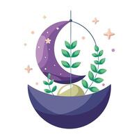 Moon-Shaped Hanging Planter With Starry Plants vector
