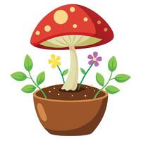 Charming Mushroom Cap Planter Featuring Tiny Flowers vector
