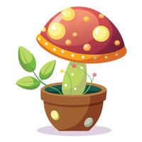 Charming Mushroom Planter Featuring Tiny Fairy Lights vector