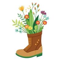 Charming Old Boot Planter Featuring Wildflowers Sprouting vector