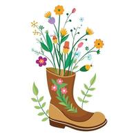 Unique Old Boot Planter Showcasing Wildflowers Sprouting vector