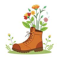 Charming Old Shoe Planter Featuring Wildflowers Sprouting From Inside vector