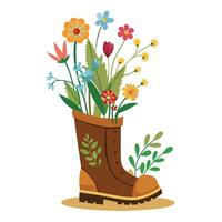 Creative Old Boot Planter With Wildflowers Sprouting Design vector