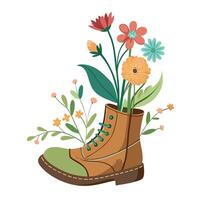 Unique Old Shoe Planter Showcasing Wildflowers Sprouting From Inside vector