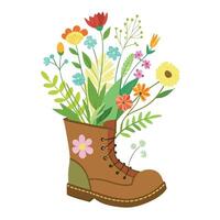 Old Boot Planter With Wildflowers Sprouting vector