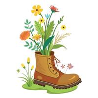 Creative Old Shoe Planter With Wildflowers Sprouting From Inside Design vector