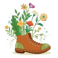 Old Shoe Planter With Wildflowers Sprouting From Inside vector