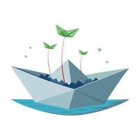 Charming Origami Paper Boat Planter Featuring Tiny Floating Plants vector