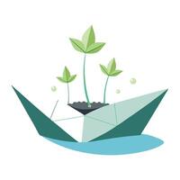Creative Origami Paper Boat Planter With Tiny Floating Plants Design vector