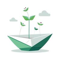 Unique Origami Paper Boat Planter Showcasing Tiny Floating Plants vector