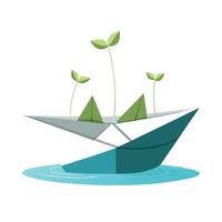 Origami Paper Boat Planter With Tiny Floating Plants vector