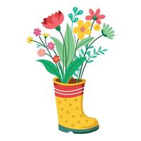 Charming Rain Boot Planter Featuring Fresh Flowers Blooming From The Boot vector