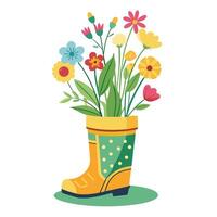Unique Rain Boot Planter Showcasing Fresh Flowers Blooming From The Boot vector