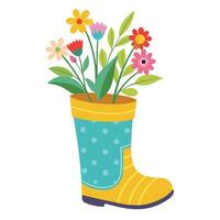Rain Boot Planter With Fresh Flowers Blooming From The Boot vector