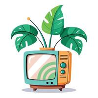 Charming Retro TV Planter Featuring A Monstera Leaf Growing From The Screen vector