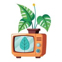 Unique Retro TV Planter Showcasing A Monstera Leaf Growing From The Screen vector