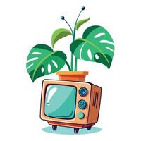 Retro TV Planter With A Monstera Leaf Growing From The Screen vector