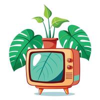 Creative Retro TV Planter With A Monstera Leaf Growing From The Screen Design vector