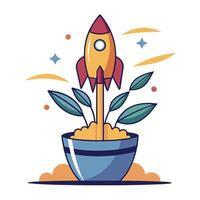 Charming Rocket Shaped Planter Featuring A Plant Blasting Off Like A Rocket vector