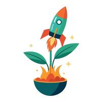 Rocket Shaped Planter With A Plant Blasting Off Like A Rocket vector