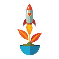 Creative Rocket Shaped Planter With A Plant Blasting Off Like A Rocket Design vector