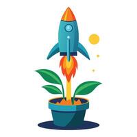 Unique Rocket Shaped Planter Showcasing A Plant Blasting Off Like A Rocket vector