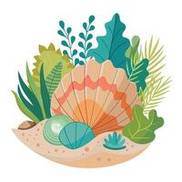 Seashell Planter With Small Beach Plants vector