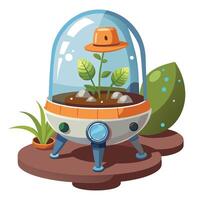 Space Capsule Planter With A Mini Ecosystem Growing Inside vector