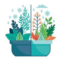 Charming Split Color Planter Featuring Opposite Season Plants On Each Side vector