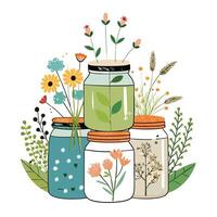 Charming Stacked Mason Jars Planter Featuring Wildflowers vector