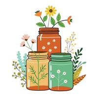 Creative Stacked Mason Jars Planter With Wildflowers Design vector