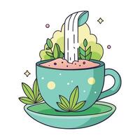 Creative Teacup Planter With A Tiny Waterfall Flowing From The Cup Design vector