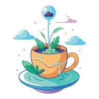 Charming Teacup Planter Featuring A Tiny Waterfall Flowing From The Cup vector