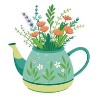 Creative Teapot Planter With Herbs And Tiny Flowers Design vector