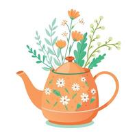 Unique Teapot Planter Showcasing Herbs And Tiny Flowers vector