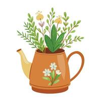 Charming Teapot Planter Featuring Herbs And Tiny Flowers vector
