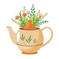 Teapot Planter With Herbs And Tiny Flowers vector