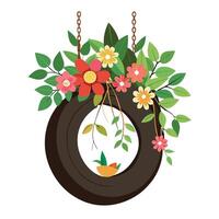 Unique Tire Swing Planter Showcasing A Tree Branch vector