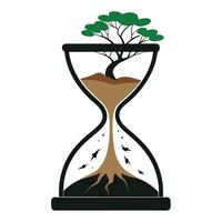 Unique Tree Growing Out Of A Cracked Hourglass Showcasing Sand vector